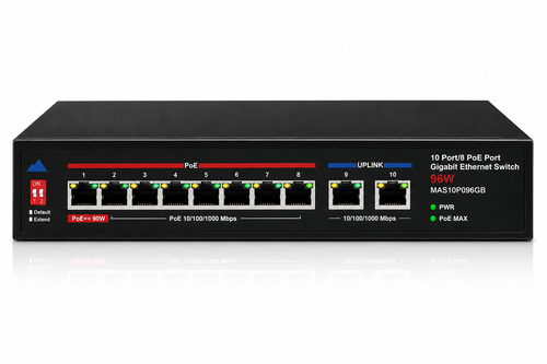 10-port Gigabit PoE Ethernet switch with 8 PoE ports and 96W power budget for IP security cameras