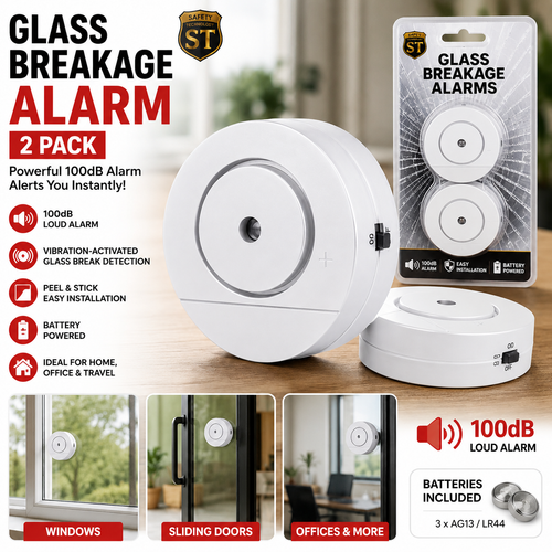 100dB glass break vibration alarm 2-pack for windows, sliding glass doors, offices and home security