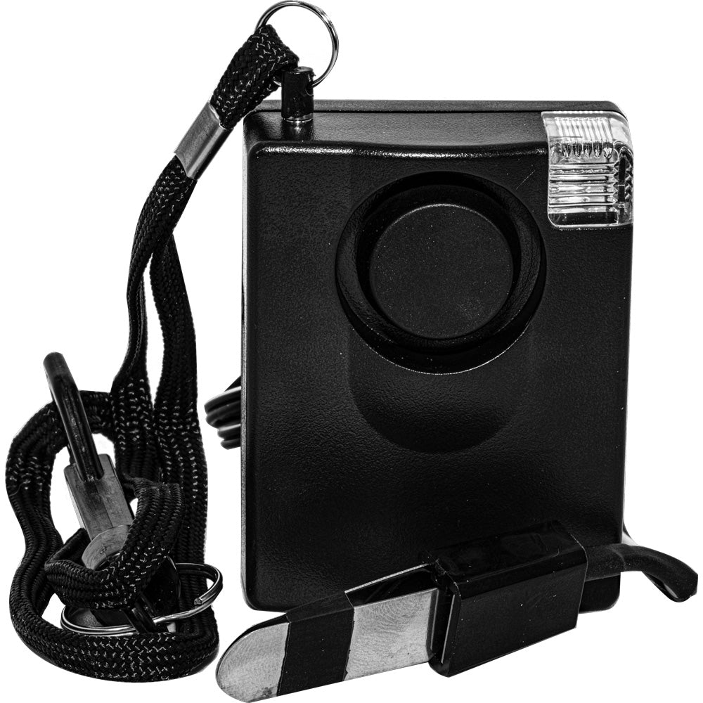 Black 3-in-1 130dB personal safety alarm with built-in light and keychain attachmentactivation.