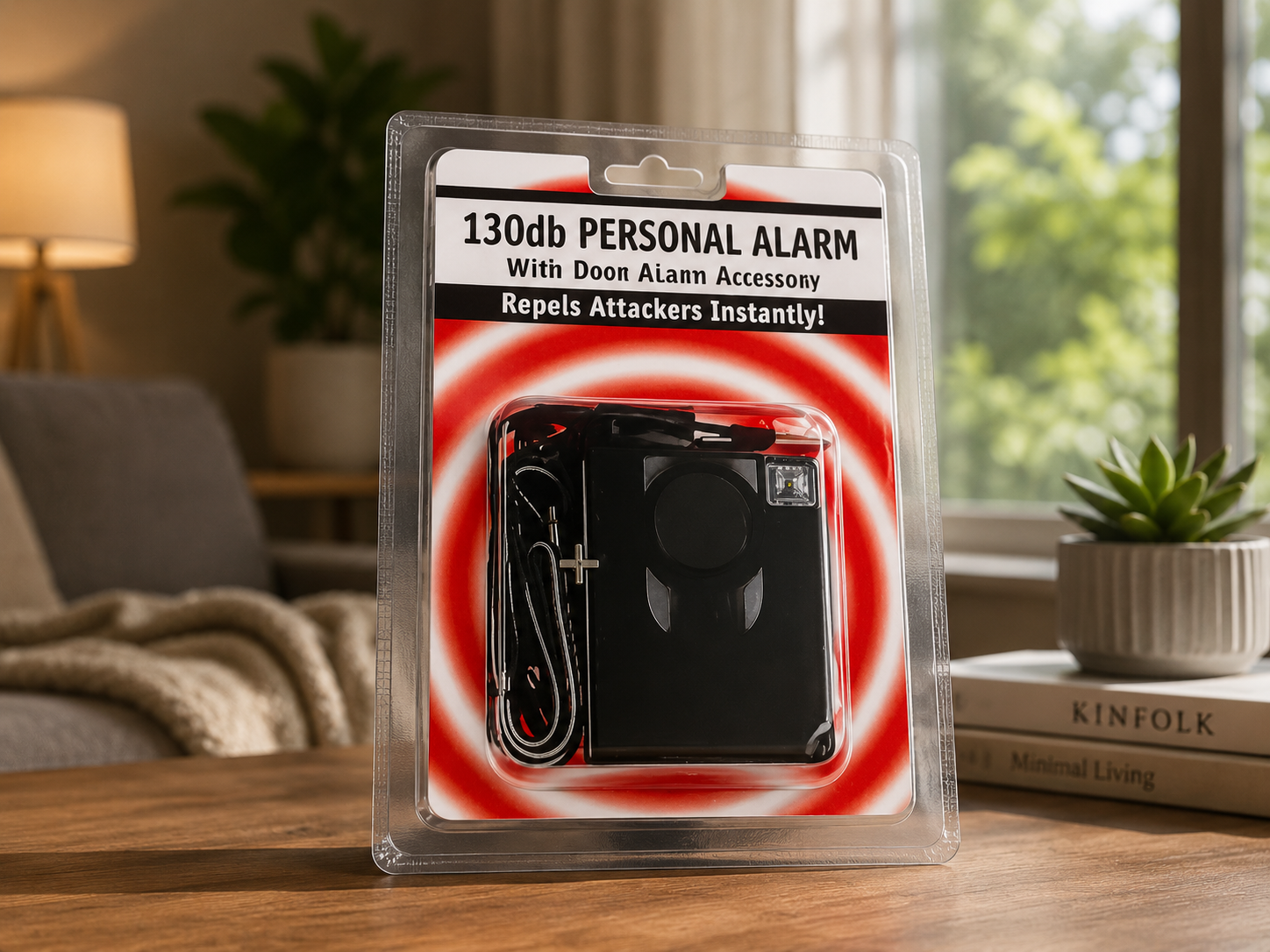 3-in-1 130dB personal safety alarm with built-in light in retail packagingbackground