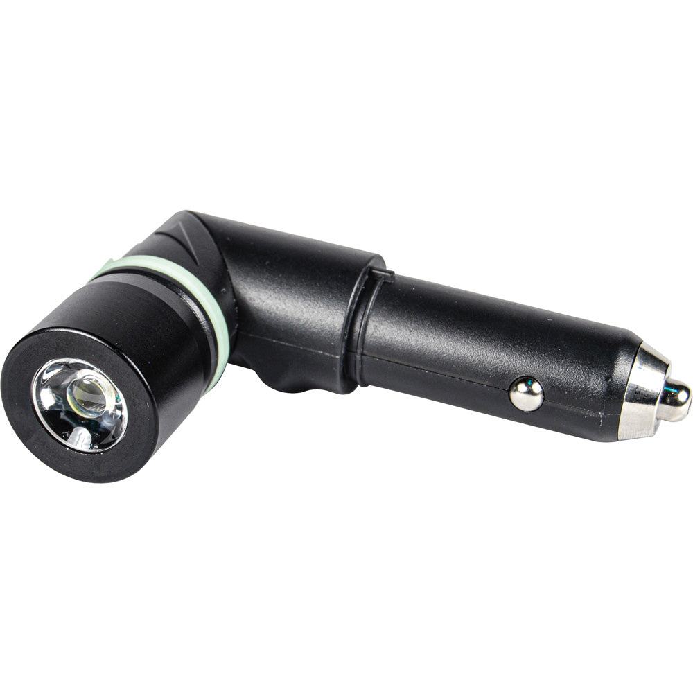 Black 8-in-1 vehicle emergency power bank and auto safety tool with integrated flashlight