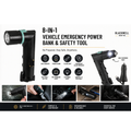 8-in-1 vehicle emergency power bank and auto safety tool with flashlight, charging and emergency functions