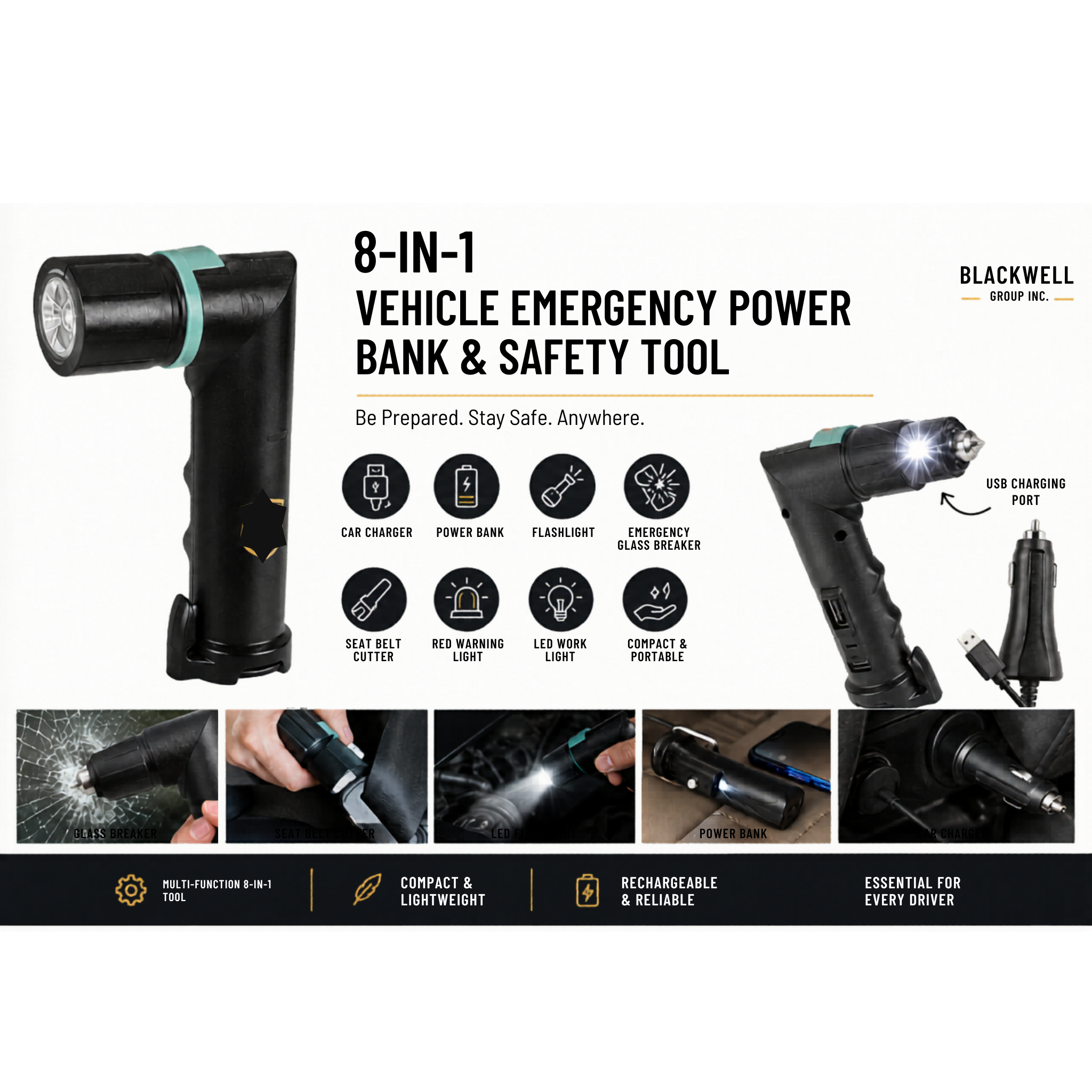 8-in-1 vehicle emergency power bank and auto safety tool with flashlight, charging and emergency functions