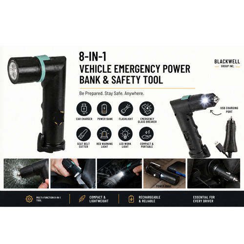 8-in-1 vehicle emergency power bank and auto safety tool with flashlight, charging and emergency functions