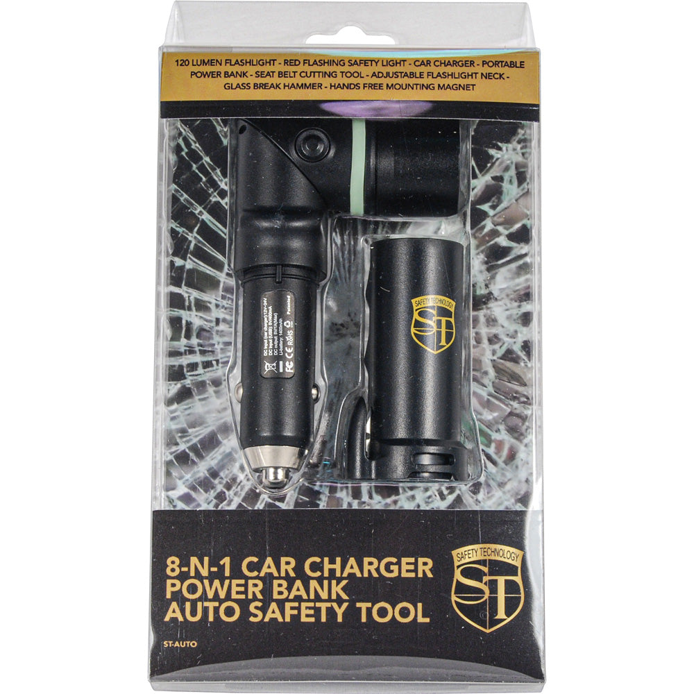 8-in-1 vehicle emergency power bank and auto safety tool shown in retail packaging