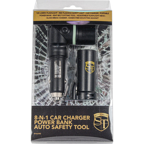 8-in-1 vehicle emergency power bank and auto safety tool shown in retail packaging
