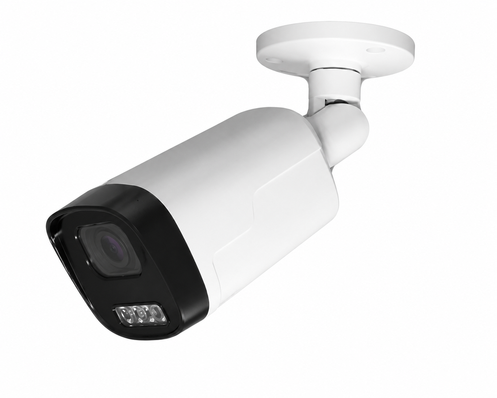 White AI bullet security camera with infrared night vision, high-definition lens and adjustable wall mount for residential, commercial and business surveillance systems.