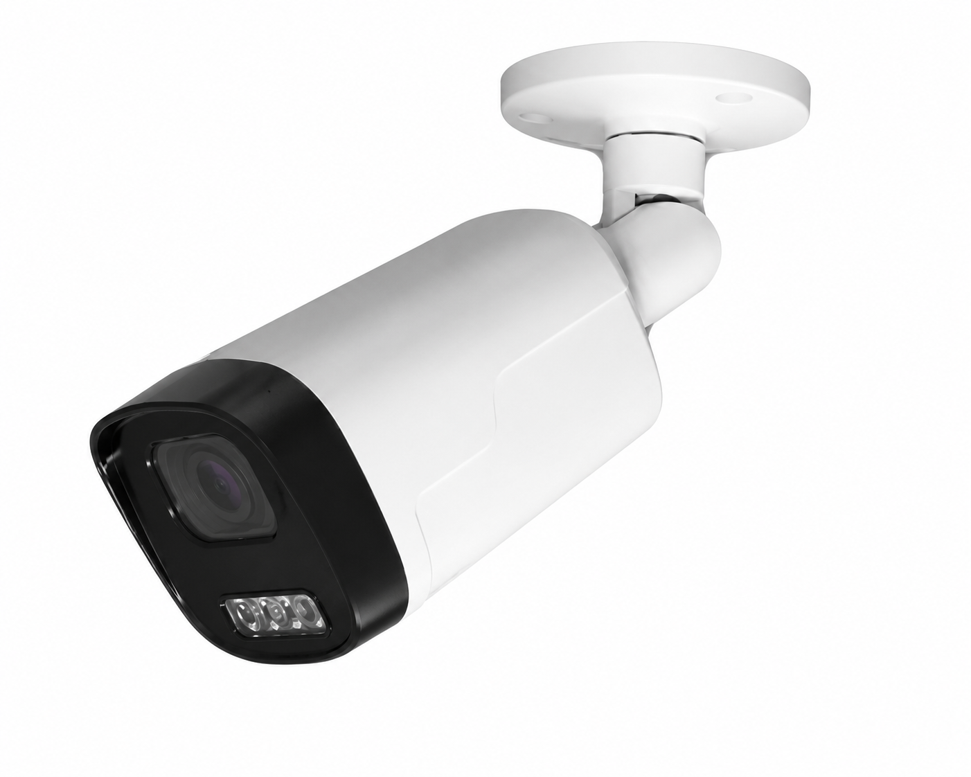 White AI bullet security camera with infrared night vision, high-definition lens and adjustable wall mount for residential, commercial and business surveillance systems.