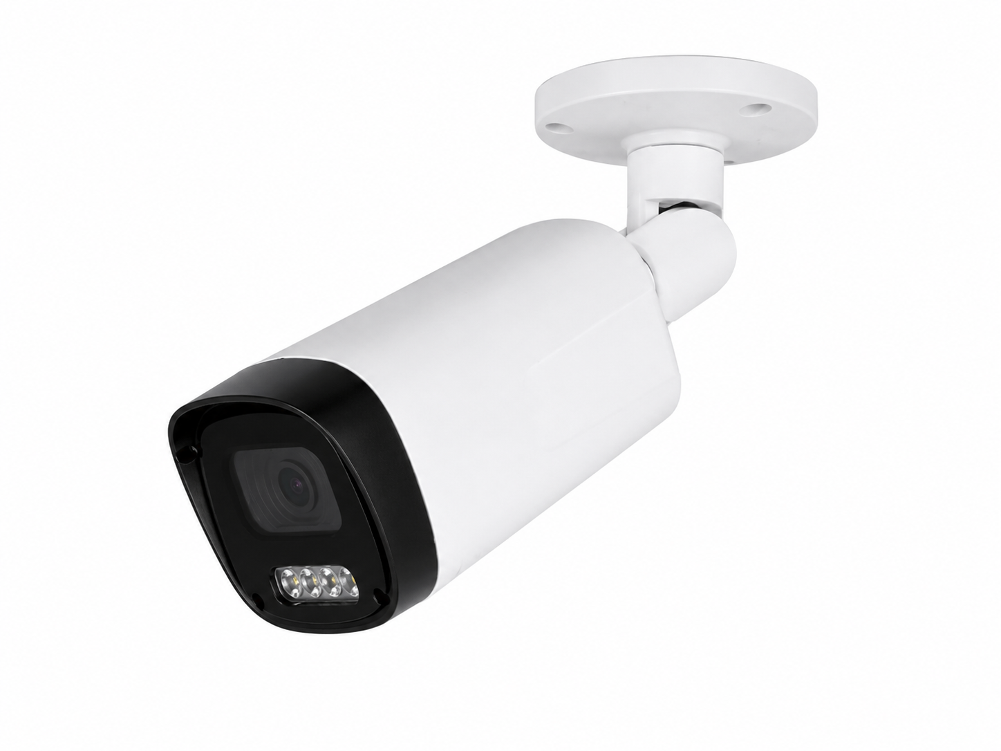 White AI bullet security camera with infrared night vision, high-definition surveillance lens and wall mount for residential, commercial and business security applications.
