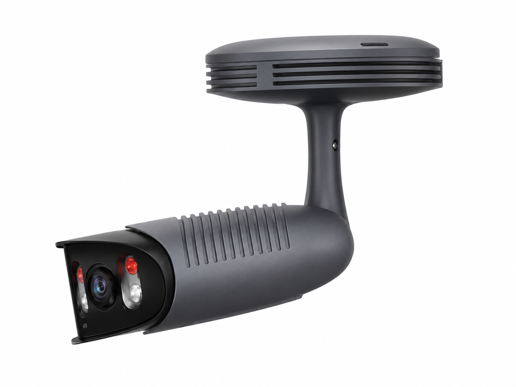 AI bullet security camera shown from the side with high-definition surveillance lens, active deterrence lights and mounting bracket for residential, commercial and business security applications.