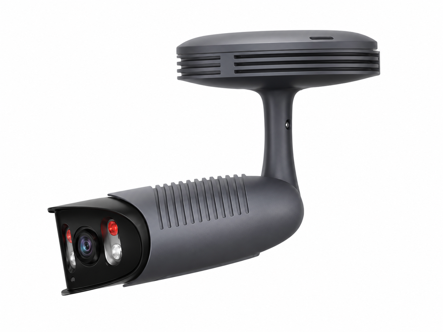 AI bullet security camera shown from the side with high-definition surveillance lens, active deterrence lights and mounting bracket for residential, commercial and business security applications.