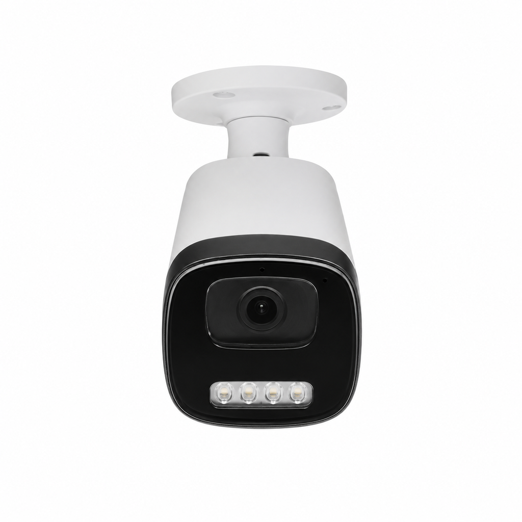 White AI bullet security camera with infrared night vision, high-definition lens and adjustable wall mount for residential, commercial and business surveillance systems.