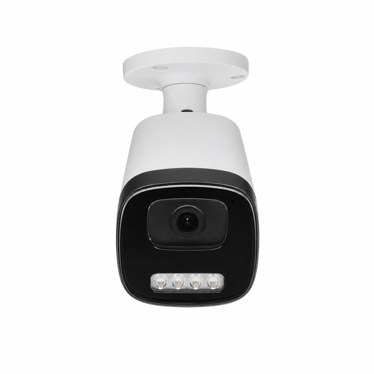 White AI bullet security camera with infrared night vision, high-definition lens and adjustable wall mount for residential, commercial and business surveillance systems.