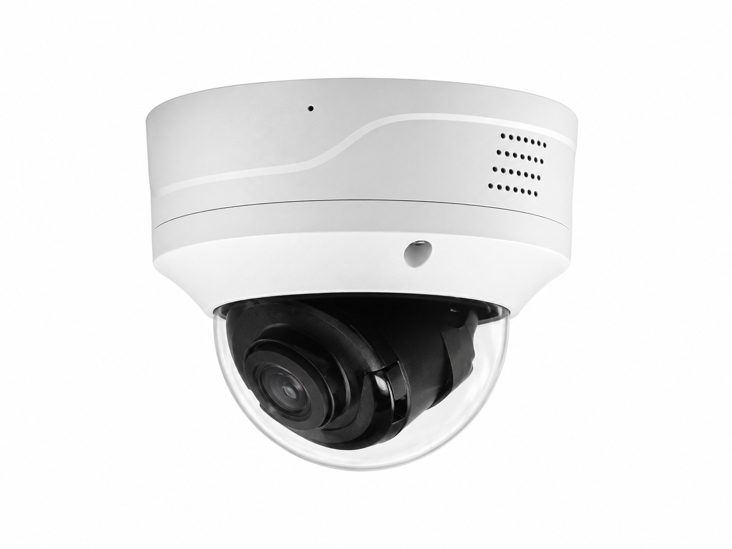 White AI dome security camera with high-definition surveillance lens, vandal-resistant housing and intelligent monitoring for residential, commercial and business security applications.