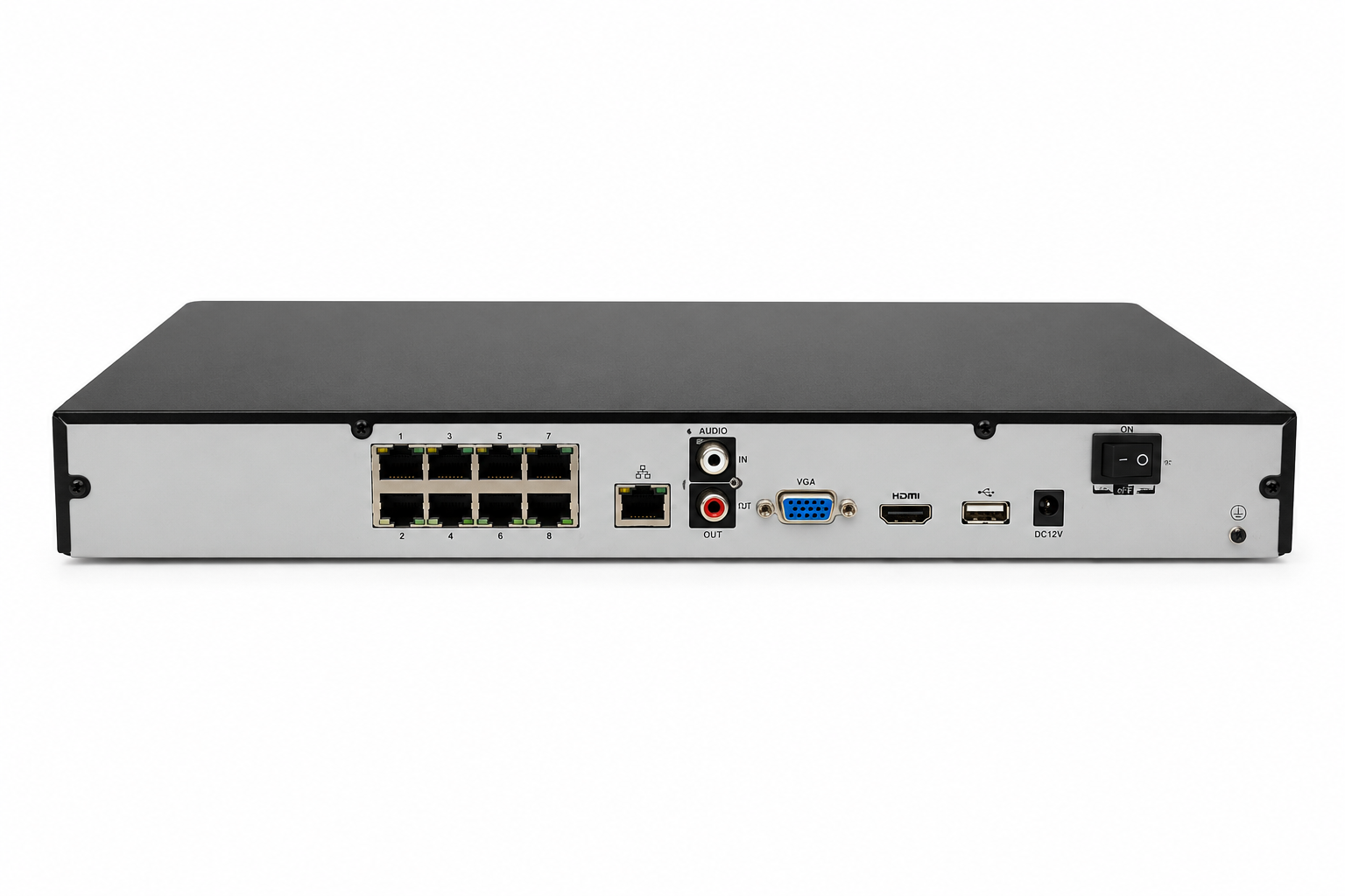 Rear view of an AI Network Video Recorder (NVR) showing PoE Ethernet ports, network port, HDMI, VGA, USB, audio and power connections for IP surveillance systems.