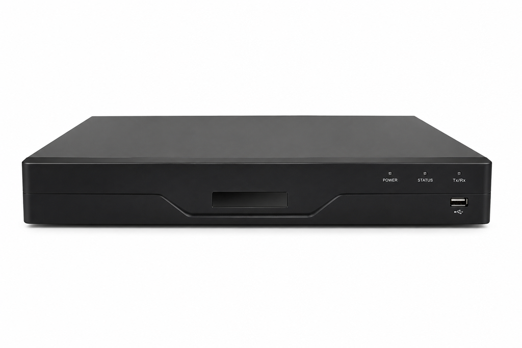 Black AI Network Video Recorder (NVR) for high-definition security camera systems with centralized video recording and remote surveillance management.