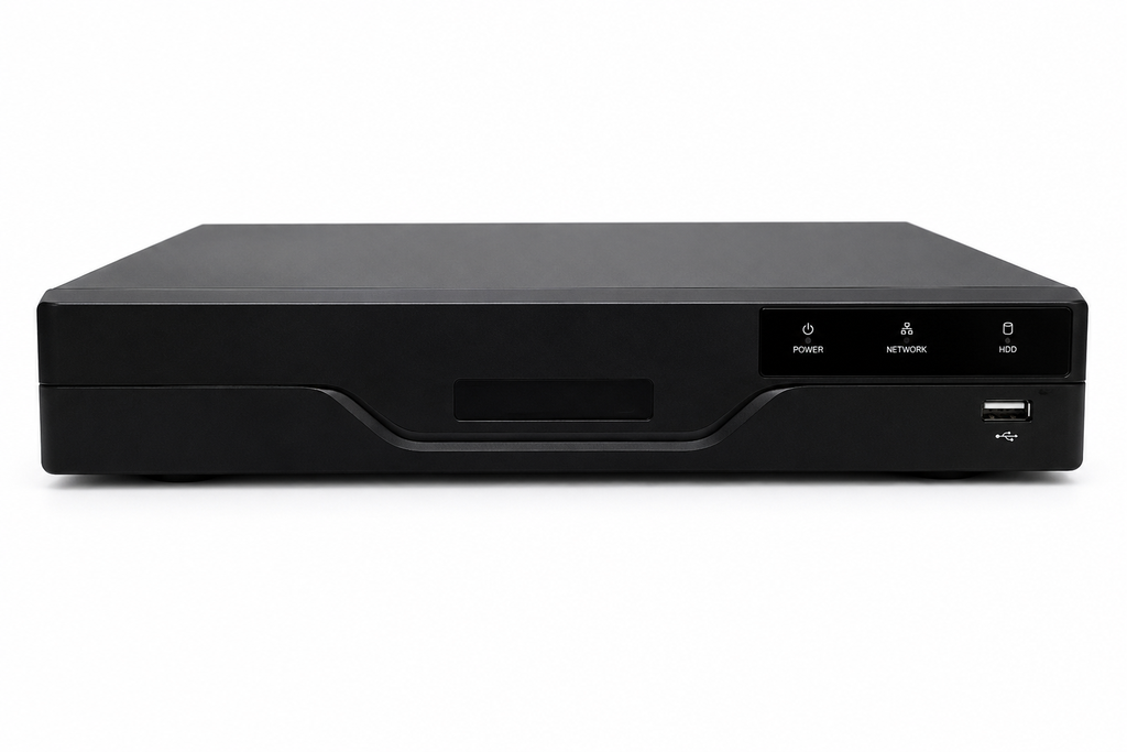 Black AI Network Video Recorder (NVR) with front status indicators, USB port and centralized recording for residential, commercial and business IP surveillance systems.