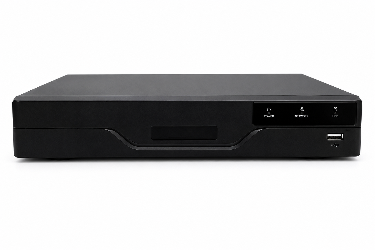 Black AI Network Video Recorder (NVR) with front status indicators, USB port and centralized recording for residential, commercial and business IP surveillance systems.
