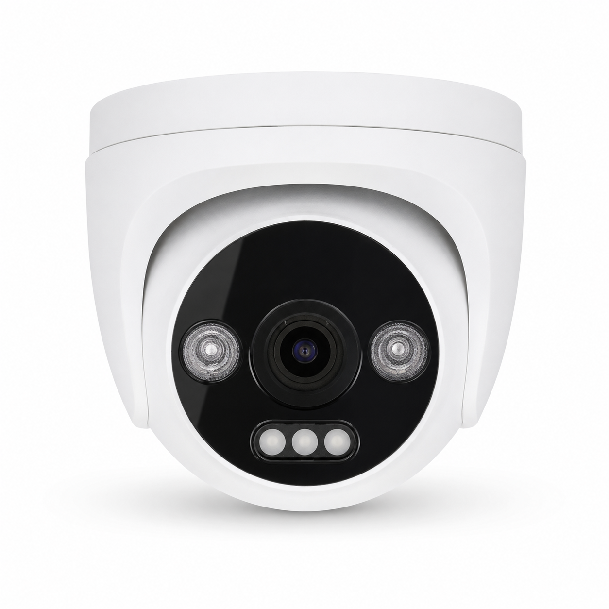 White AI turret security camera with dual LED lights, high-definition lens and intelligent surveillance for residential, commercial and business security applications.