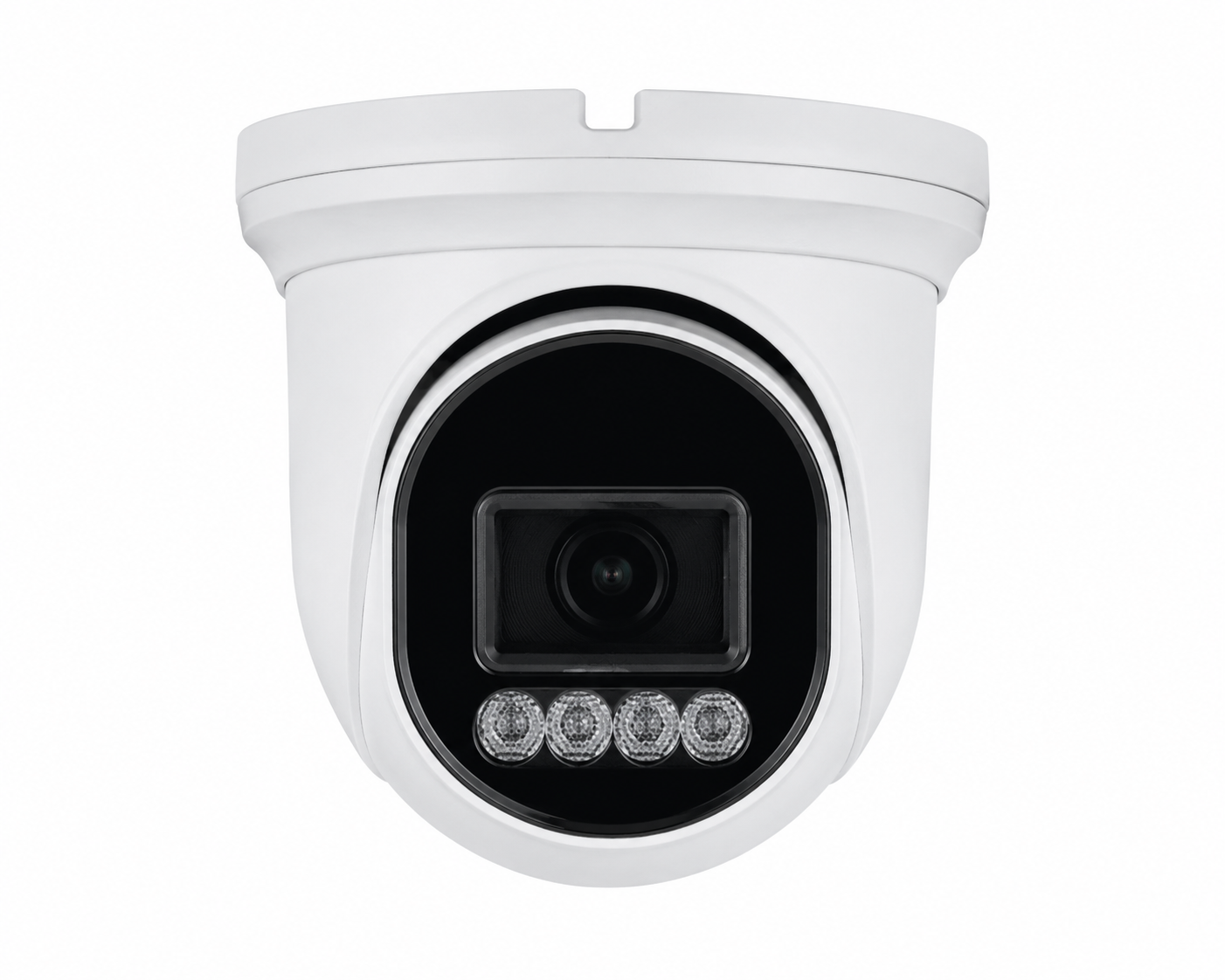 White AI turret security camera with infrared night vision LEDs, high-definition lens and weather-resistant housing for residential, commercial and business surveillance.