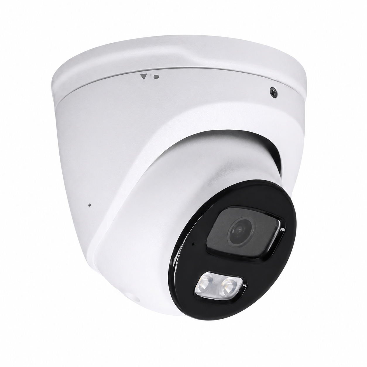 White AI turret security camera shown from a left angle with high-definition lens, infrared night vision and weather-resistant housing for residential, commercial and business surveillance applications.