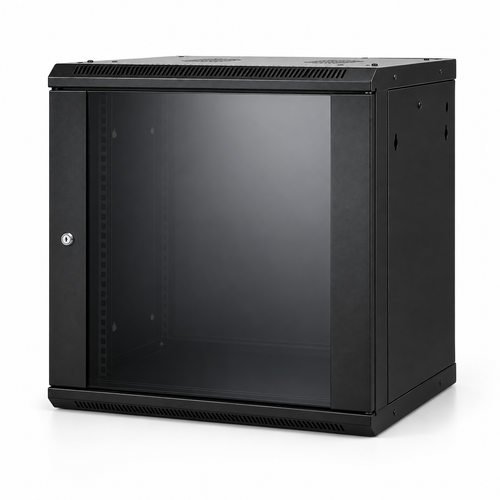 Front view of black 12U network rack cabinet for NVR and surveillance equipment