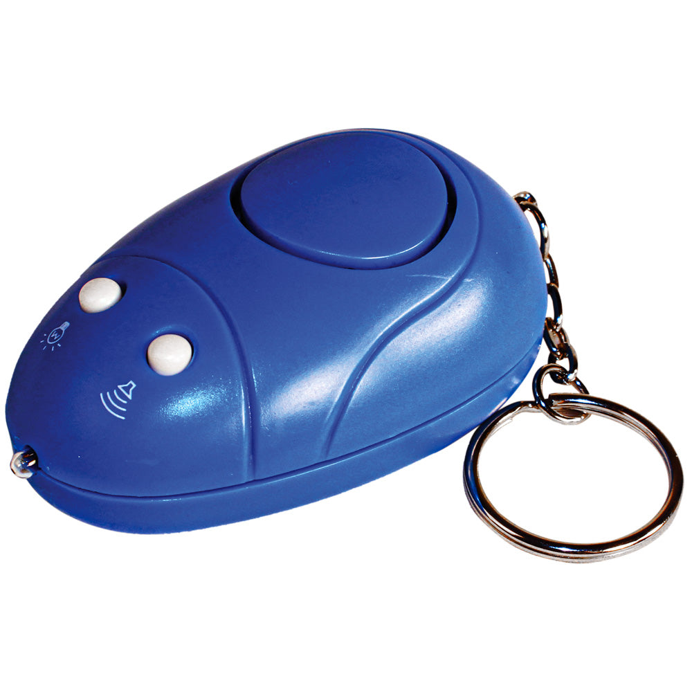 Blue keychain personal safety alarm with built-in light and metal key ring