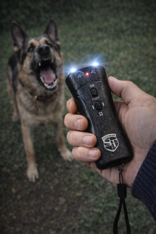 Handheld electronic ultrasonic dog deterrent device being used outdoors near a dog