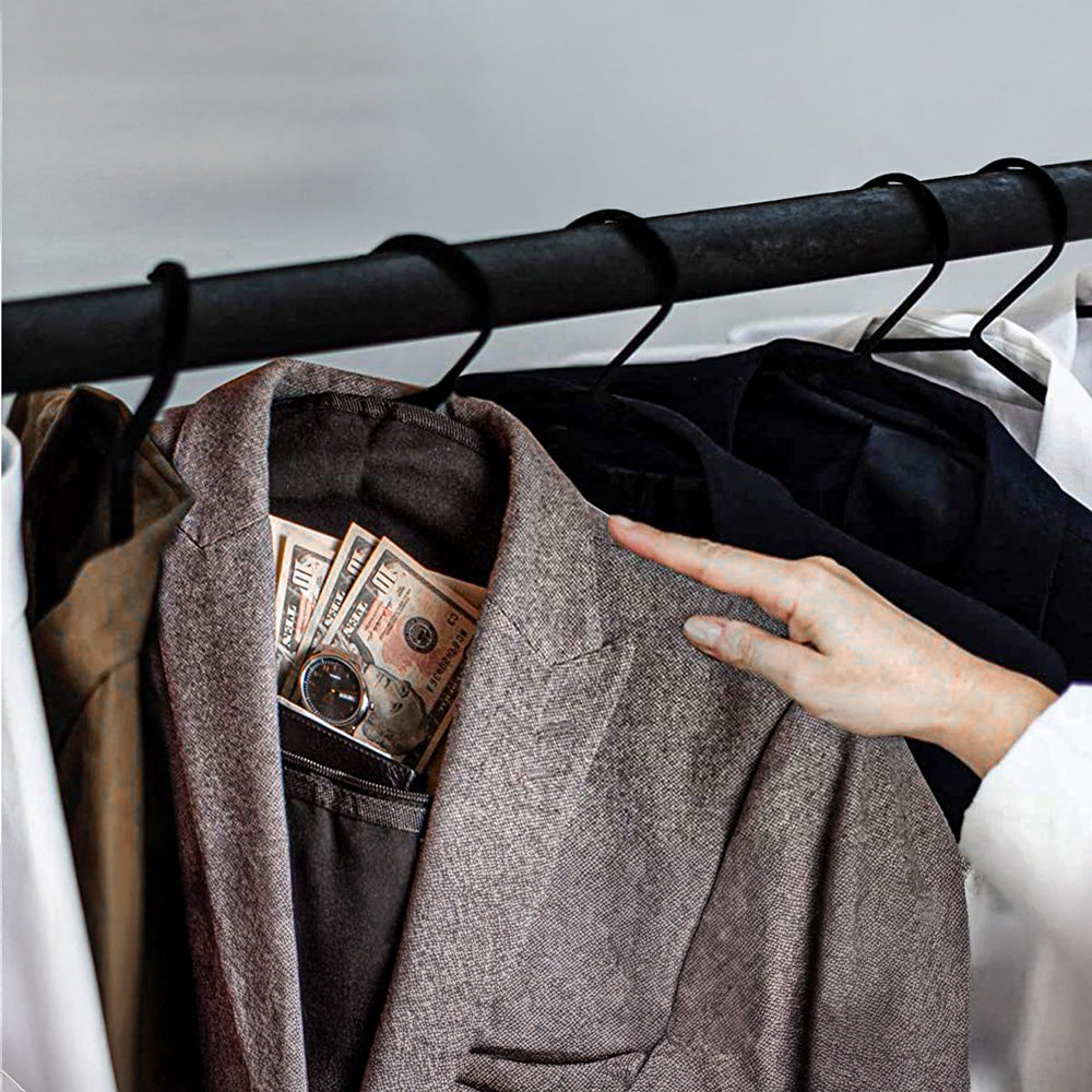 Hidden garment hanger diversion safe concealed inside clothing with storage compartment for cash and valuables