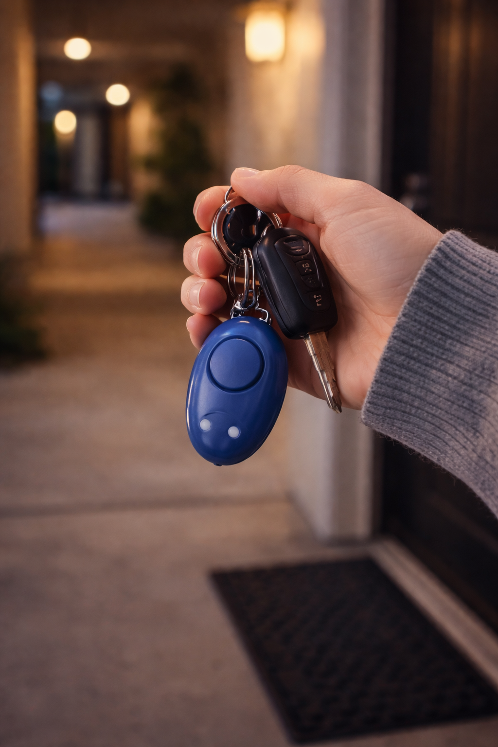 Blue keychain personal safety alarm with built-in light held for nighttime personal security