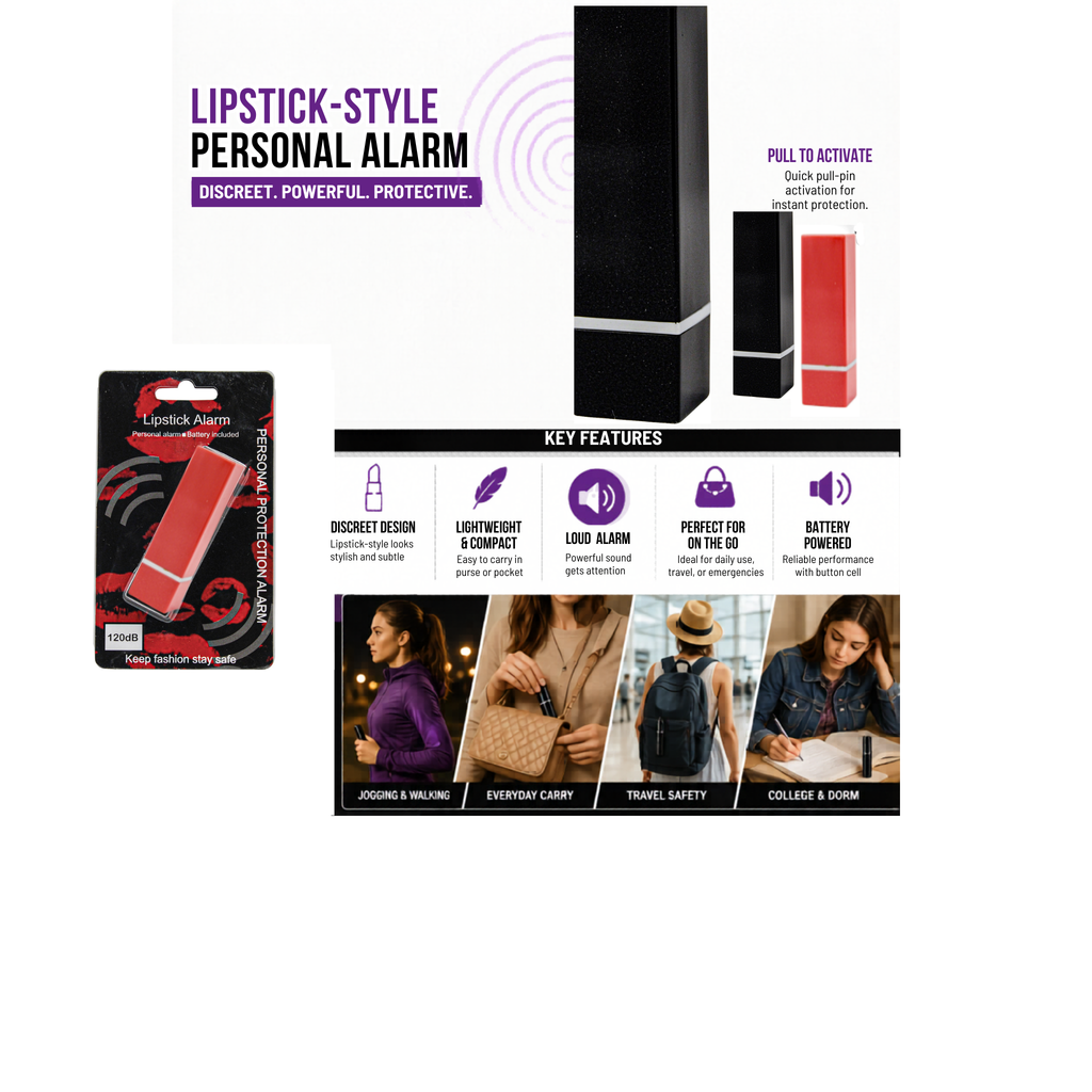 Lipstick-style personal safety alarm shown with color options and portable everyday carry uses