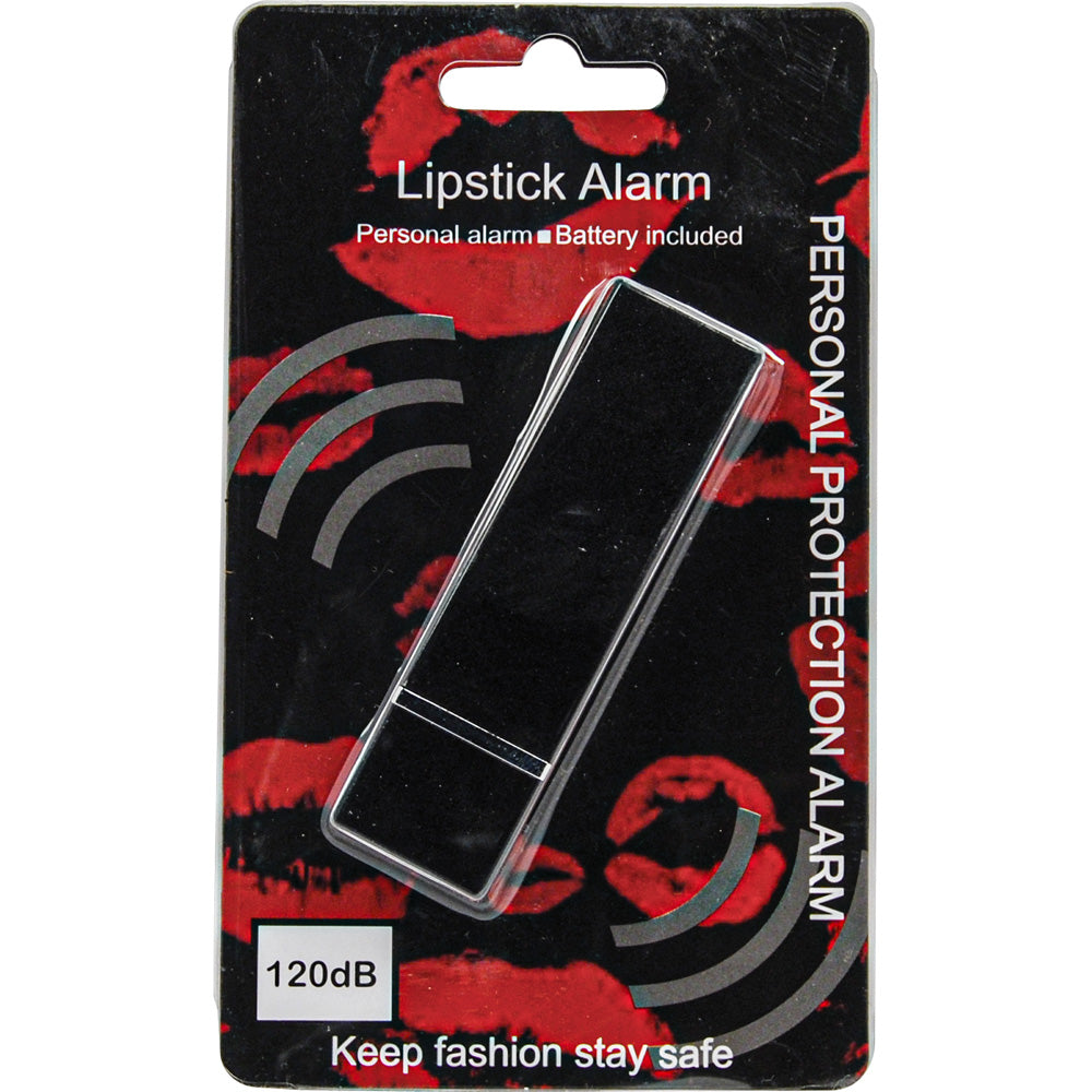 Lipstick-style personal safety alarm in retail packaging with compact black alarm design