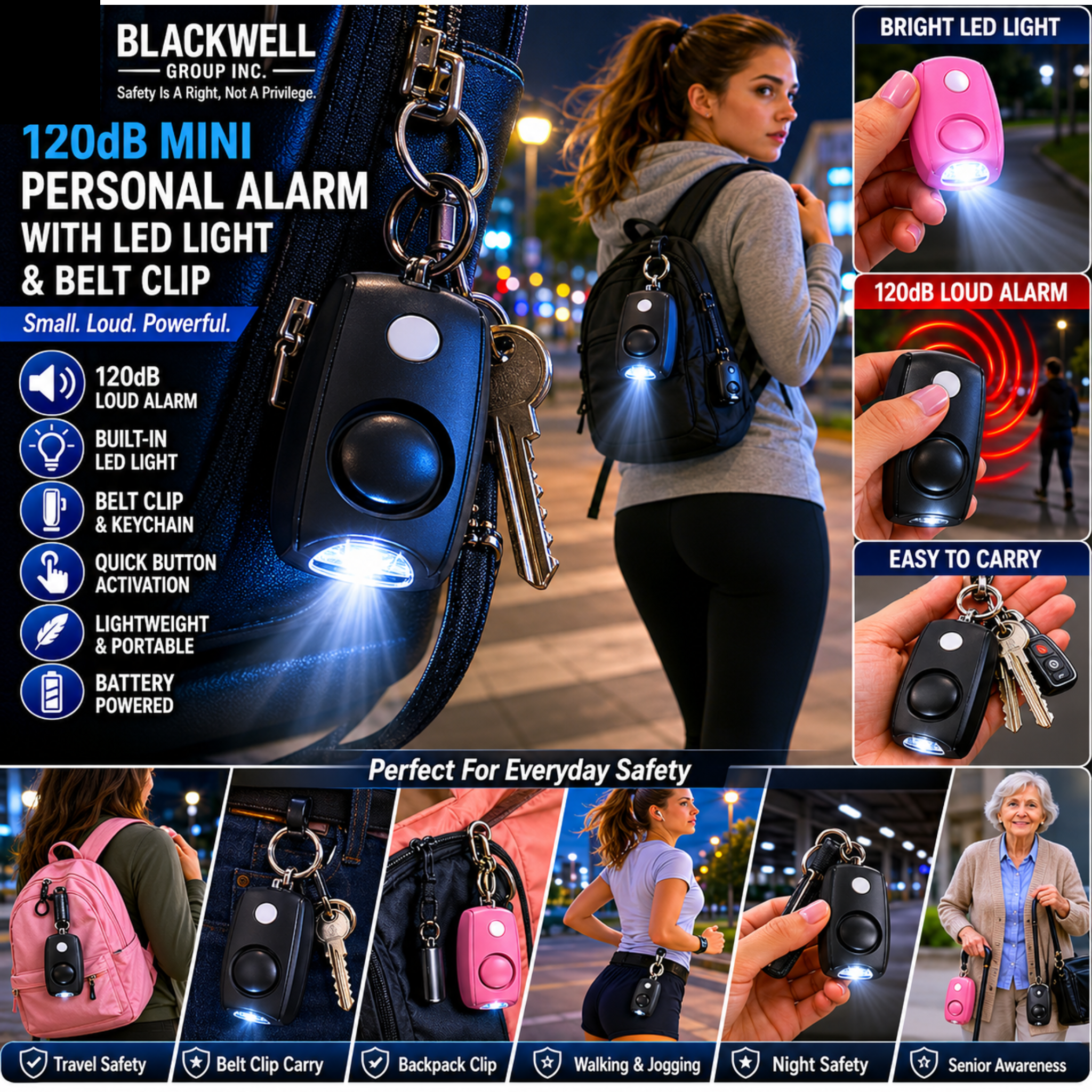 120dB mini personal safety alarm with LED light, belt clip and keychain shown with features and everyday carry uses