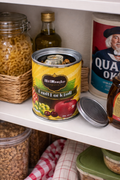 Mixed fruit diversion safe disguised as a food can for concealed storage on a pantry shelf