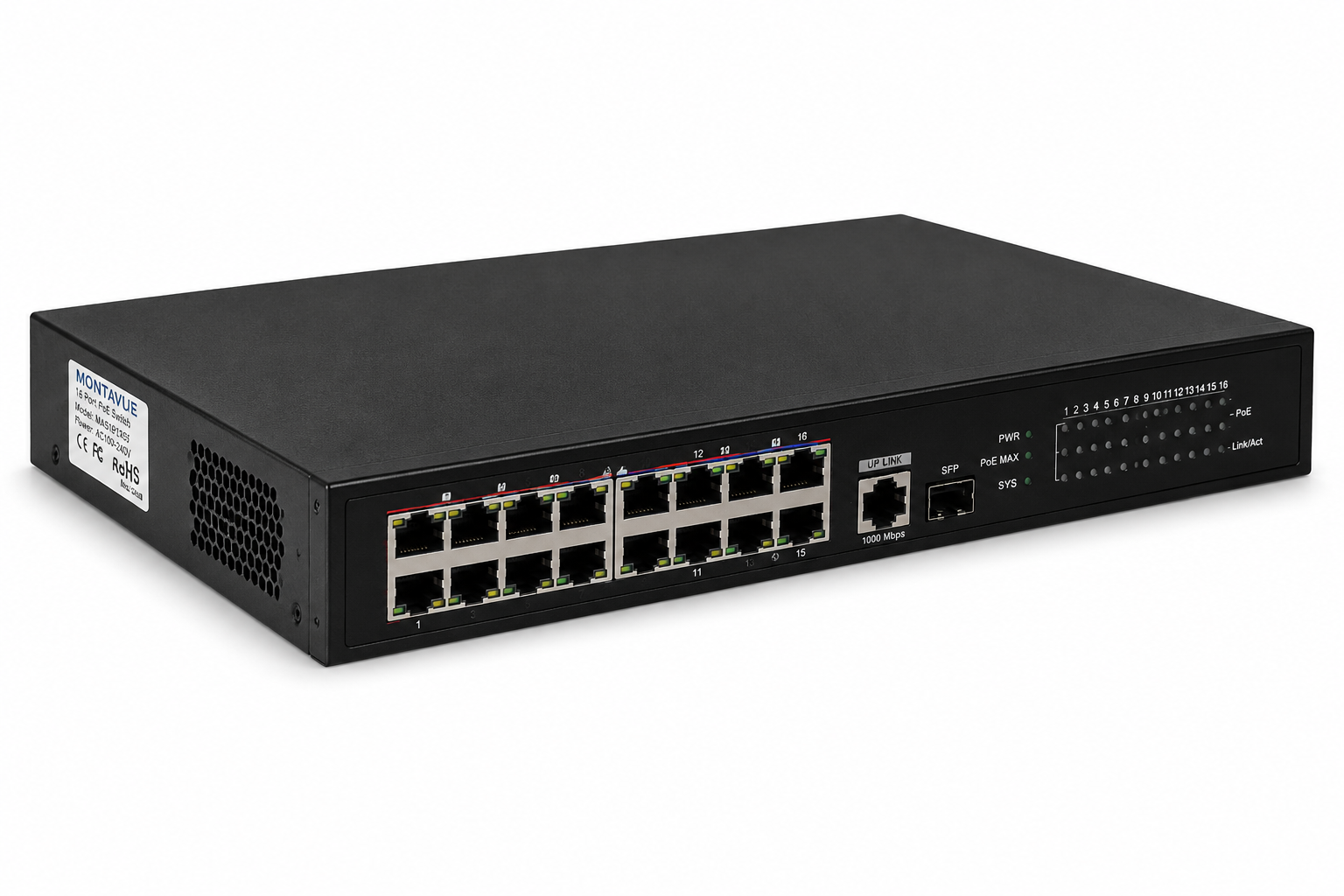 Montavue 16-port PoE network switch with 135W power budget for IP security camera systems