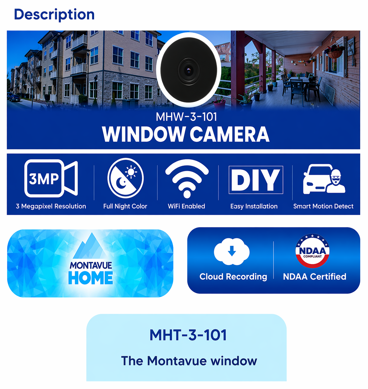 Montavue 3MP window security camera feature graphic showing WiFi monitoring and DIY installation