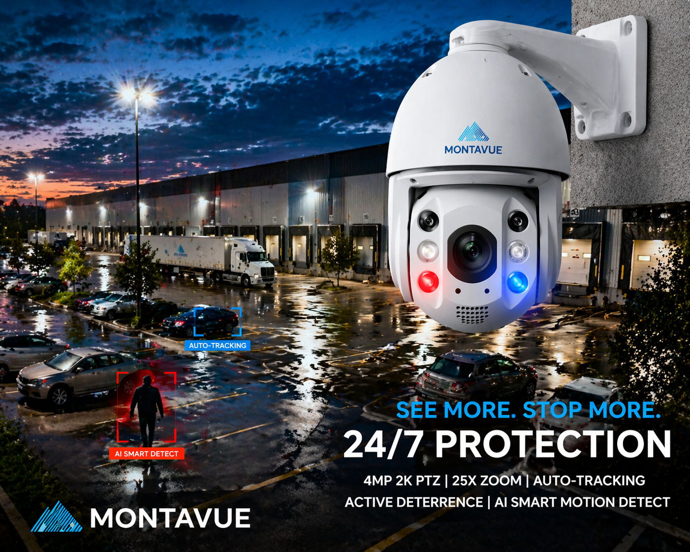 Montavue 4MP 2K PTZ security camera with 25x zoom, auto-tracking, active deterrence and AI smart motion detection