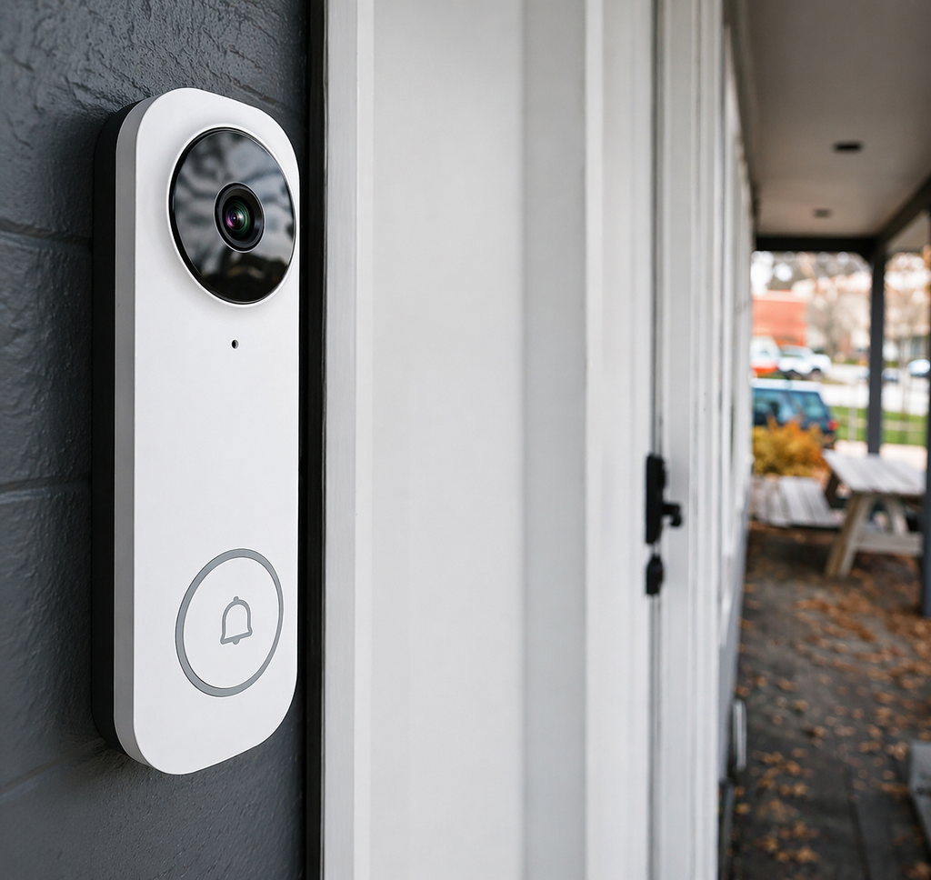 Montavue 5MP WiFi video doorbell camera installed at front door for smart home security