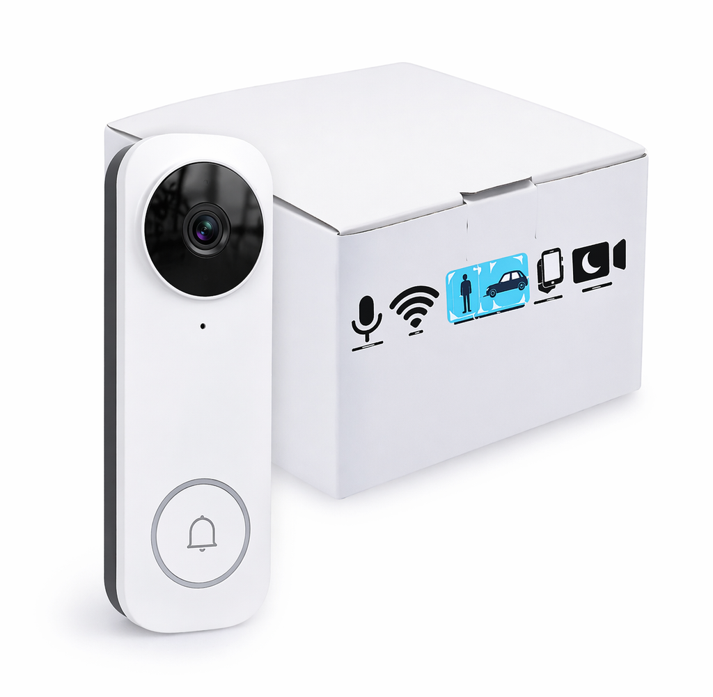 Montavue 5MP WiFi video doorbell camera with product packaging for smart home security