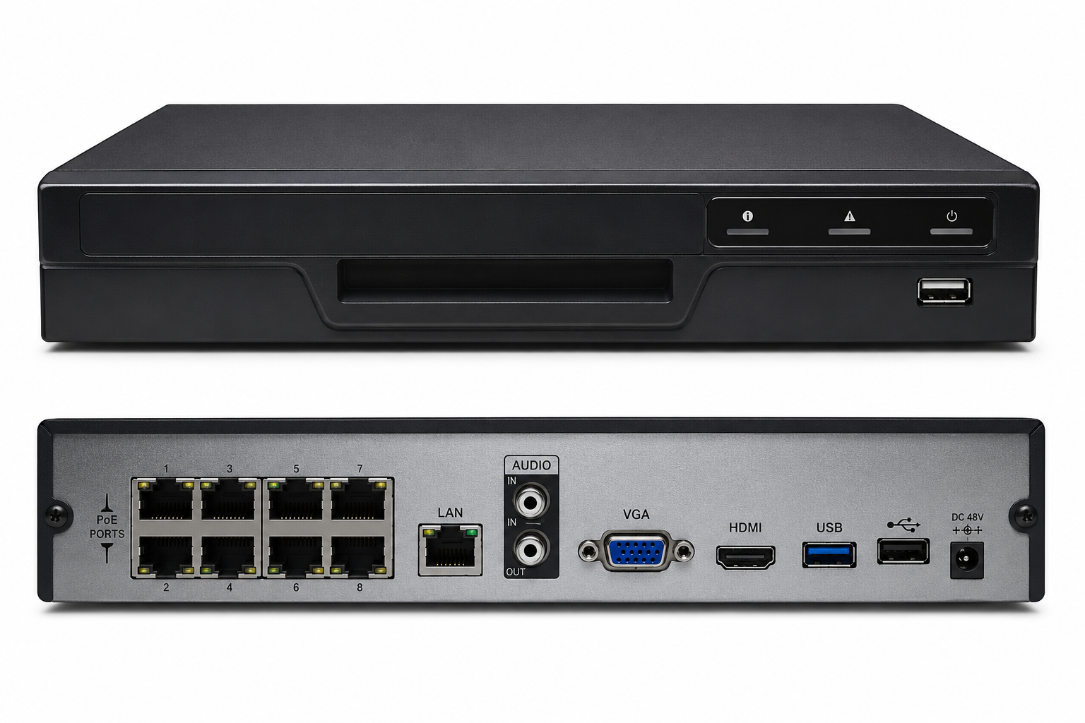Montavue 8-channel 4K PoE network video recorder with 16TB storage shown from front and rear
