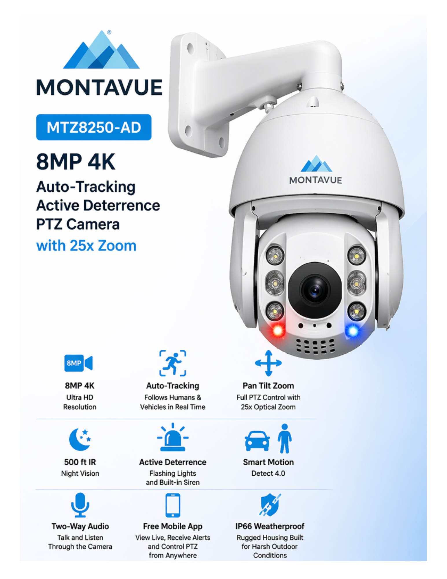 Montavue 8MP 4K PTZ security camera with 25X zoom, auto-tracking and active deterrence features