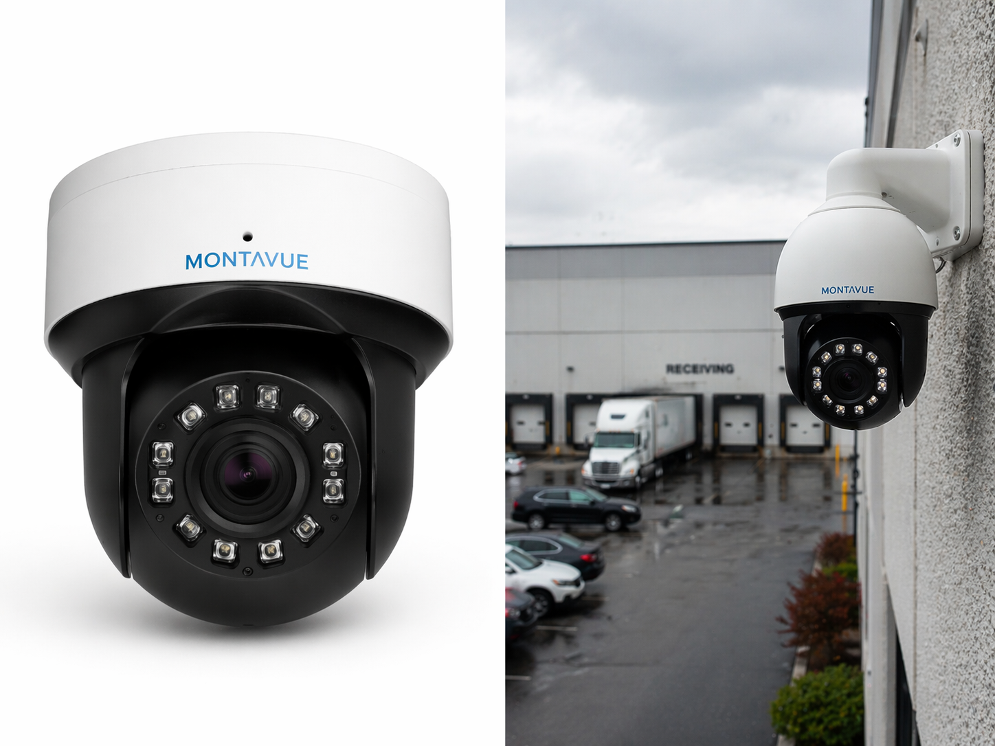 Montavue 8MP 4K AI dome security camera shown with outdoor commercial installation for intelligent property surveillance