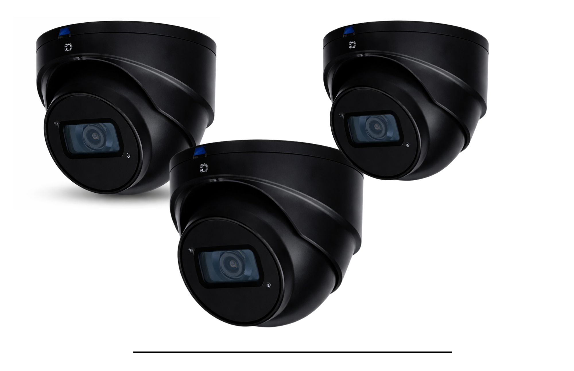 Three black Montavue 8MP 4K AI turret security cameras for indoor and outdoor video surveillance