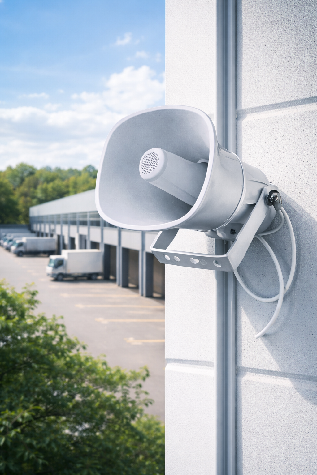 Montavue PoE IP horn speaker and microphone installed outdoors for security communication and public address