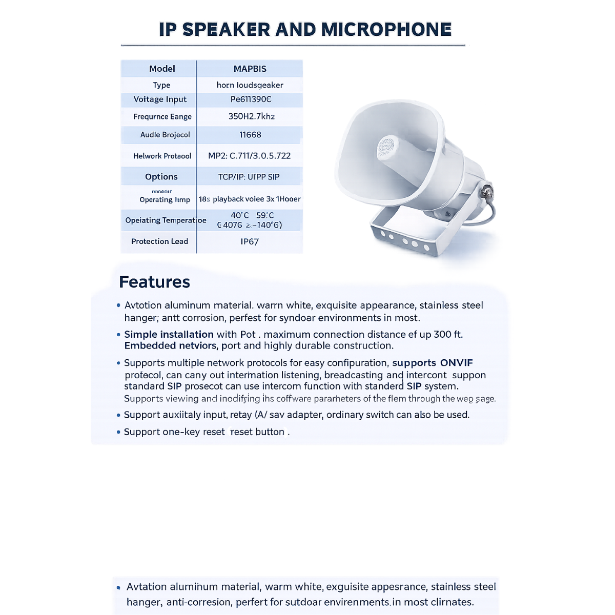 Montavue PoE outdoor IP horn speaker and microphone specification sheet for SIP and ONVIF network audio systems