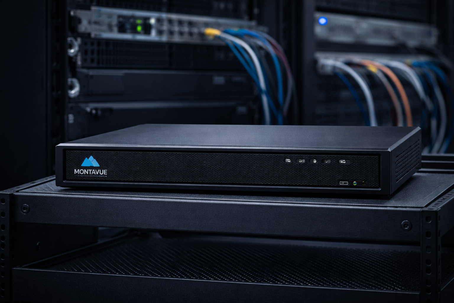 Montavue MNR5216-16P-AI 16-channel 4K Pro-AI NVR installed in a professional surveillance server rack