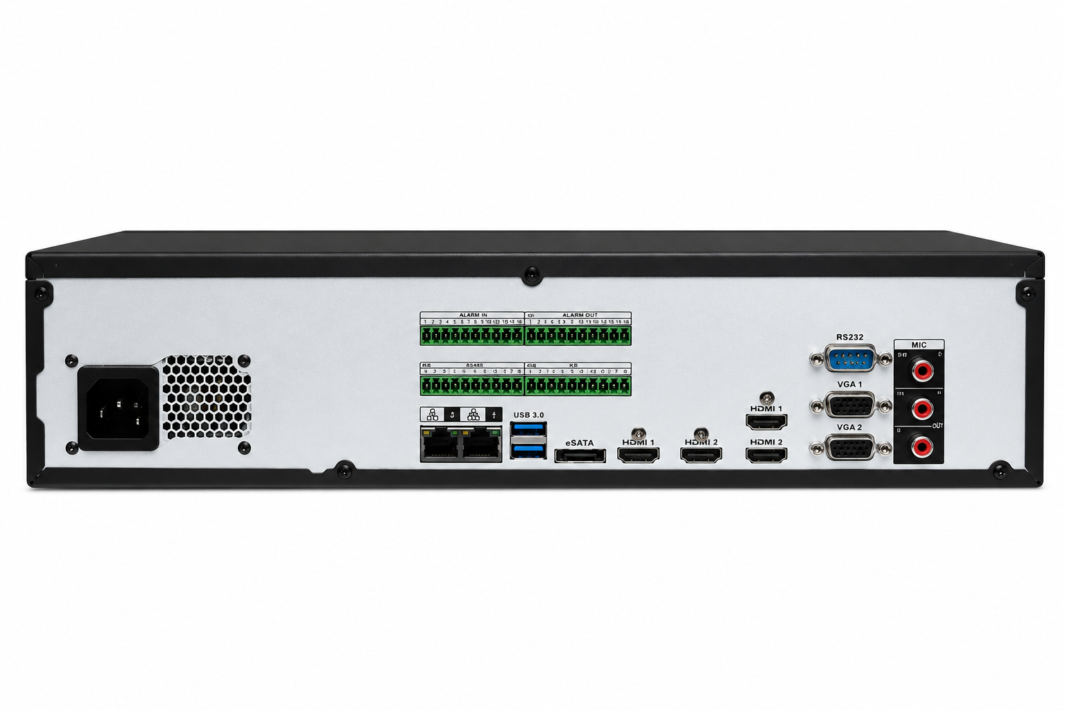 Rear panel of Montavue MNR68128-AI 128-channel 4K Ultra-AI NVR showing network, video, audio and system connections