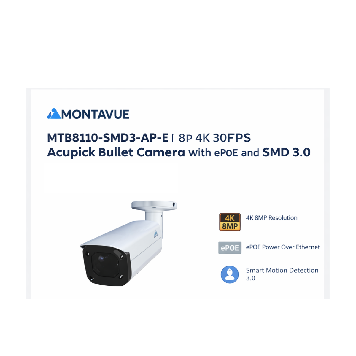 Montavue MTB8110-SMD3-AP-E 8MP 4K AcuPick bullet security camera with SMD 3.0 smart motion detection