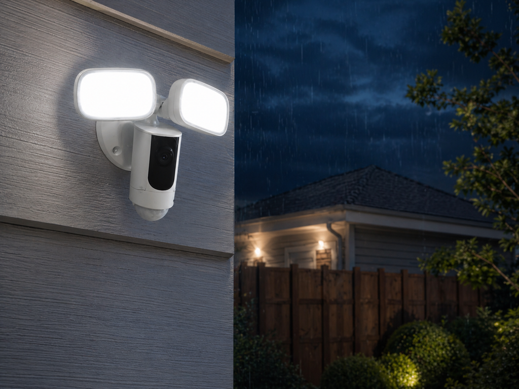 Montavue MTFL4098-WIFI outdoor security camera with dual floodlights illuminating a property at night