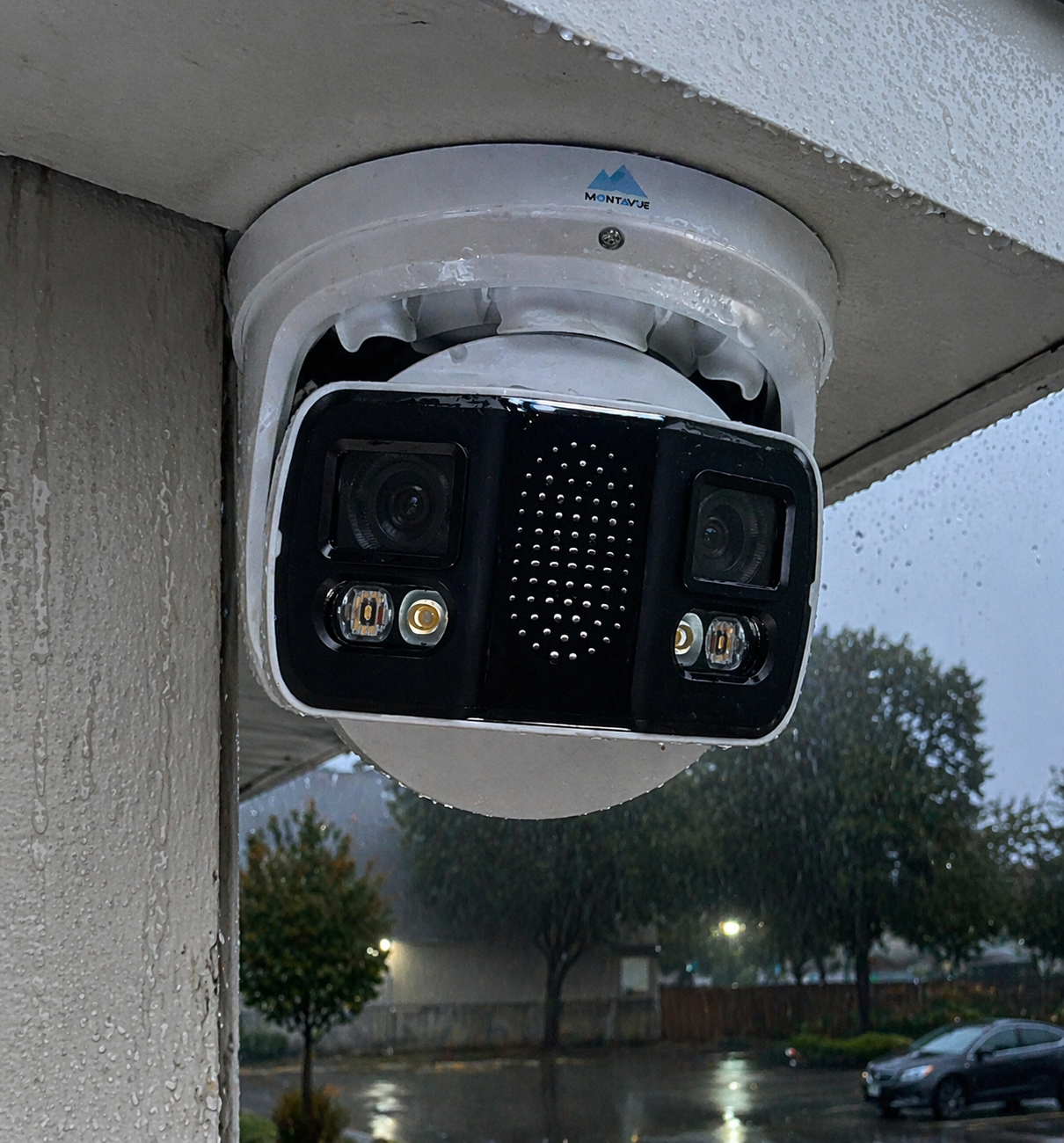 Montavue MTTI180 8MP 180-degree panoramic AI turret security camera installed outdoors for wide-area property surveillance